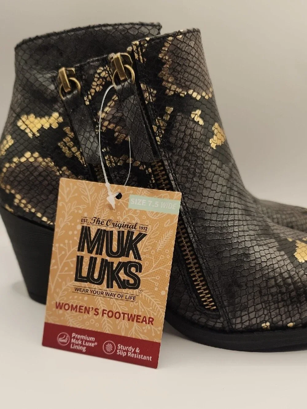 MUK LUKS New Womens Black & Gold Snake-Print Ankle Boots